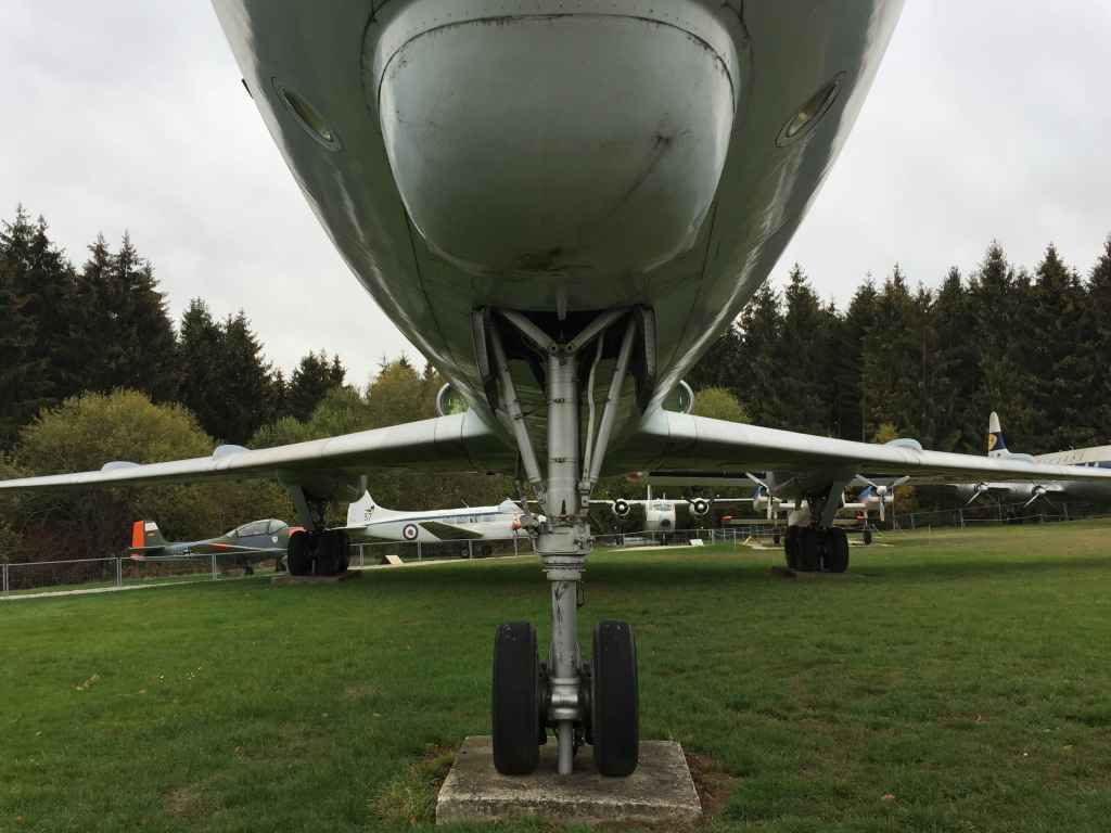 Under nose study of the Interflug Tupolev Tu-134 DDR-SCK at the Hermeskeil aviation museum in Germany.