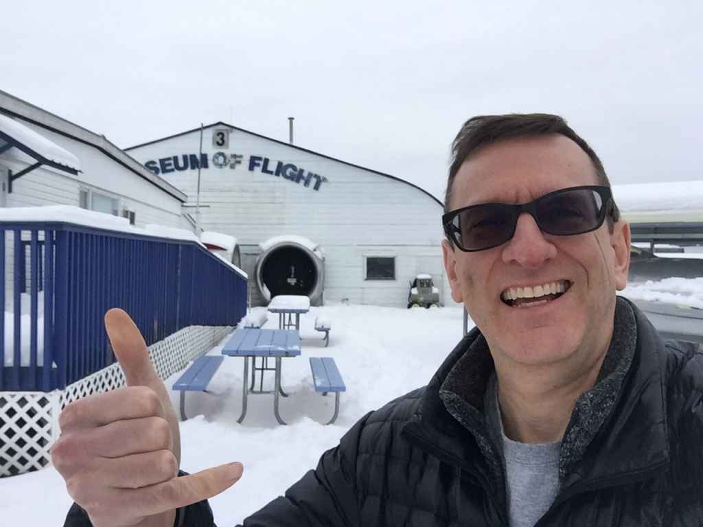 Always happy at an aviation museum! Henry Tenby doesn't mind a little snow getting in the way of enjoying a visit to at the Canadian Museum of Flight in Langley, BC.