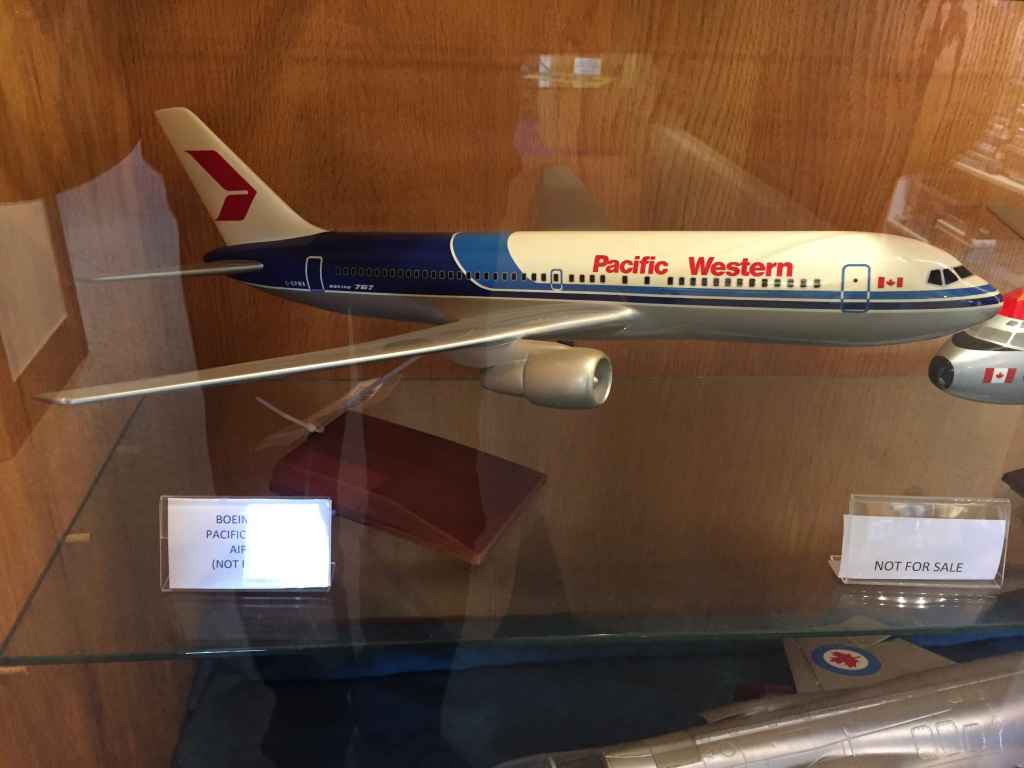 A very nice 1/100 scale Pacific Western Airlines Boeing 767-200 executive desk model on display at the Canadian Museum of Flight in Langley, BC. Models dates from 1982-83 and was made by Scalecraft Models of New Zealand.