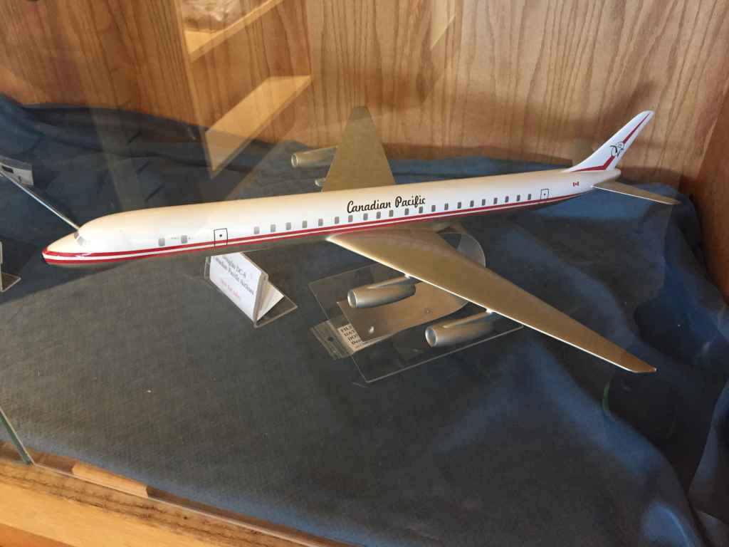 A very nice 1/100 scale Canadian Pacific Airlines Douglas DC-8-8-63 in the goose livery on display at the Canadian Museum of Flight in Langley, BC. Models dates from 1968 and was likely made by Westway Models of Wembley, Middlesex, UK.