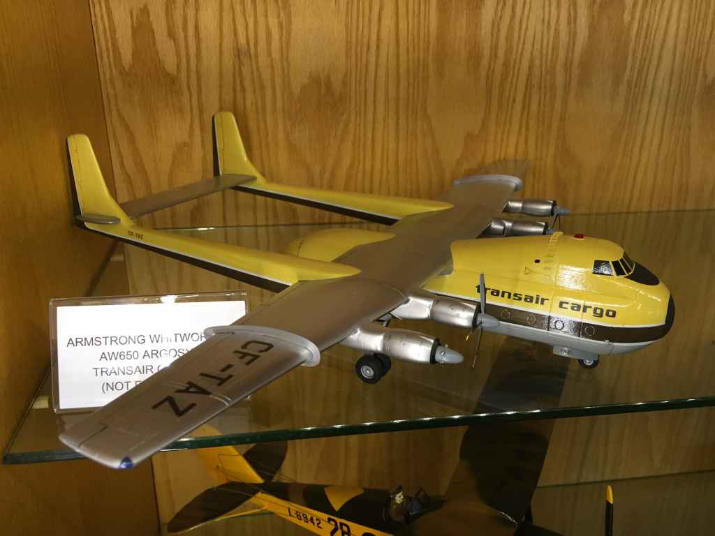 A 1/72 scale desk model of Transair Cargo's Armstrong Whitworth Argosy Freighter at the Canadian Museum of Flight in Langley, BC. This aircraft was based in Winnipeg in the late 1960s and early 1970s.