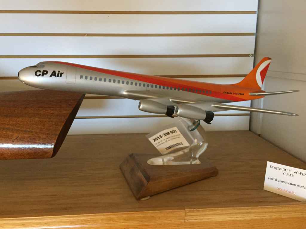 An incredibly grotesque model. This being a brutishly ugly attempted representation of a CP Air DC-8-43 circa 1970s. This model was originally made by Peter V. Nelson of the UK in the 1960s and was originally finished in the Canadian Pacific goose colours. The model is part of the artifacts collection at the Canadian Museum of Flight in Langley, BC.