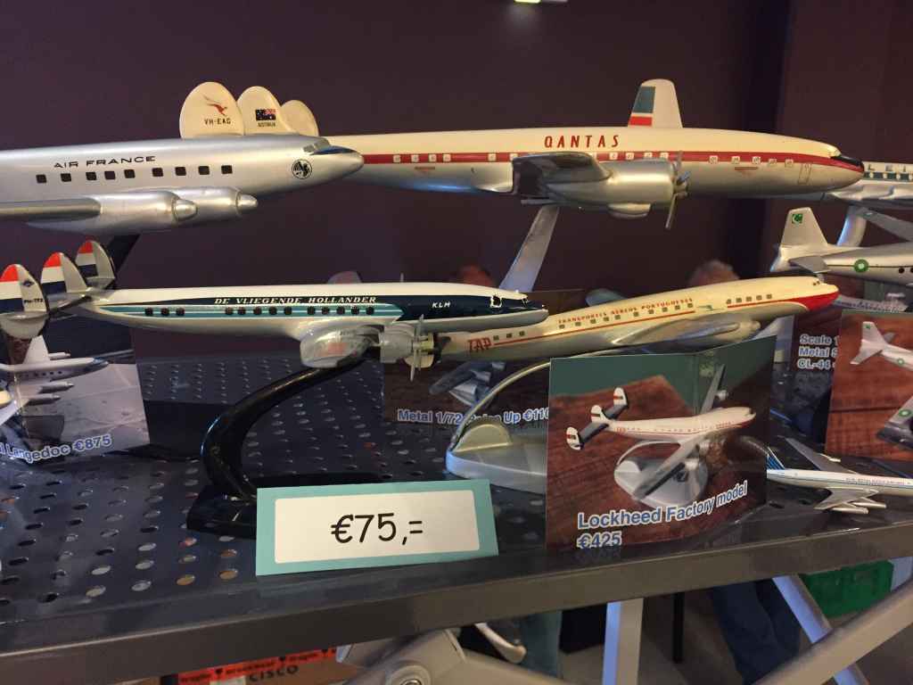 This appears to be a 1/100 Raise Up QANTAS Lockheed Super Connie on a replacement stand, being offered at 1100 Euros at the 2019 Amsterdam Aviation Fair.