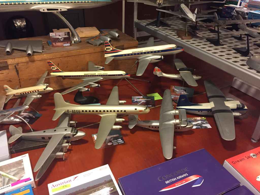 Selection of vintage models for sale at the 2019 Amsterdam Aviation Fair. With exception to the DC-8 and Convair these are all wooden models.