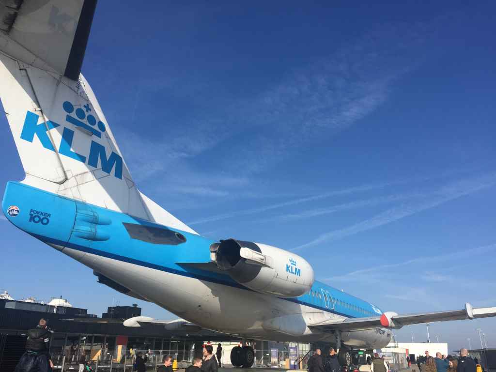 Another nice view of KLM Fokker 100 atop the observation deck at Amsterdam Schiphol airport. A popular destination for kids!