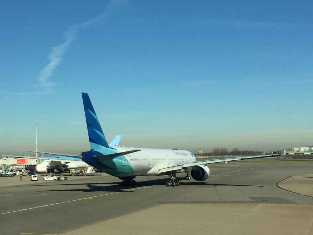 Garuda Indonesia 777-300ER having been pushed back from departure at Amsterdam Schiphol airport.