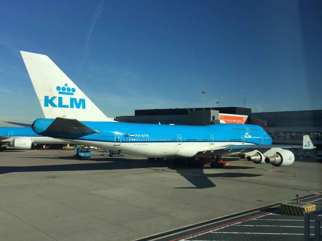 Amother very nice view of a KLM 747-400 classic PH-BFW at gate at Amsterdam's famous Schiphol airport.