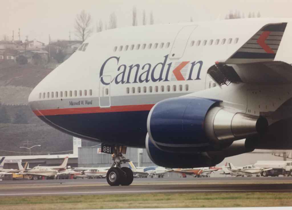 Canadian Airlines' first Boeing 747-475 "Maxwell Ward" at Boeing Field, December 13, 1990, prior to delivery to Vancouver. The video of this event stream at http://www.jetflix.tv