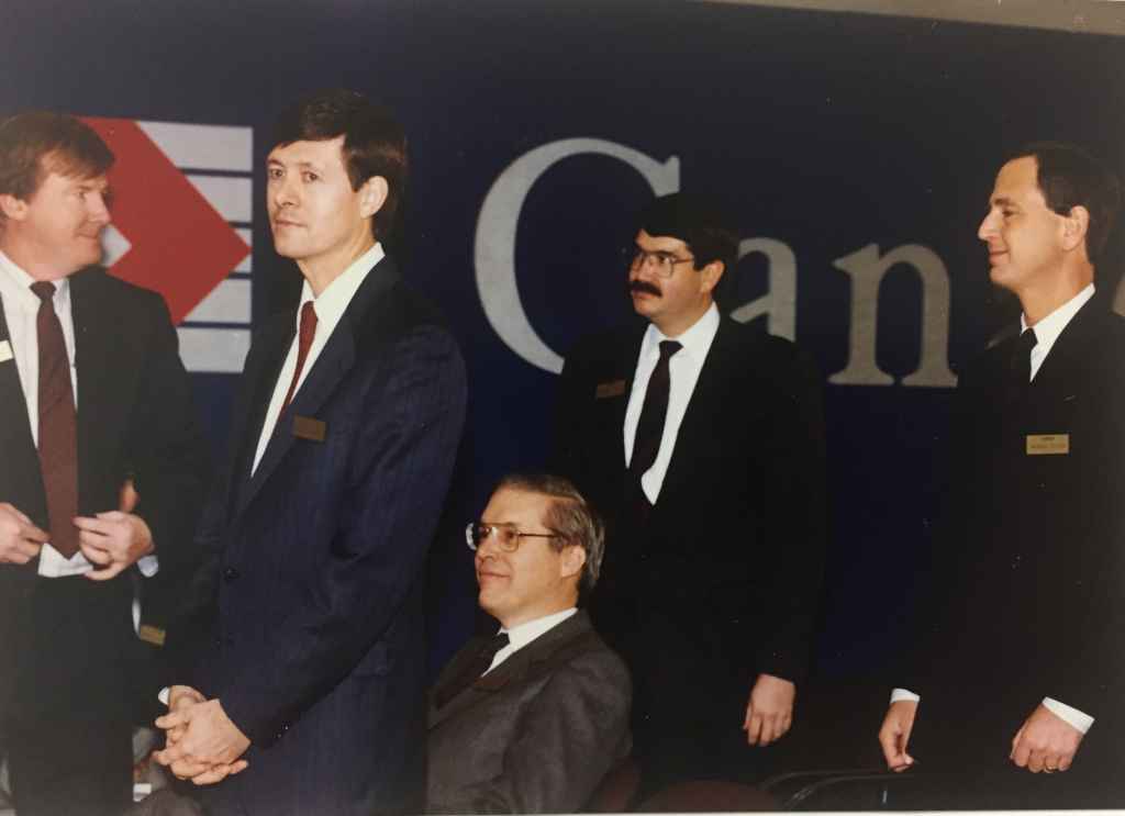 Canadian Airlines top brass on hand for the handover ceremony of Canadian Airlines' first Boeing 747-475 "Maxwell Ward" at Boeing Field, December 13, 1990, prior to delivery to Vancouver.