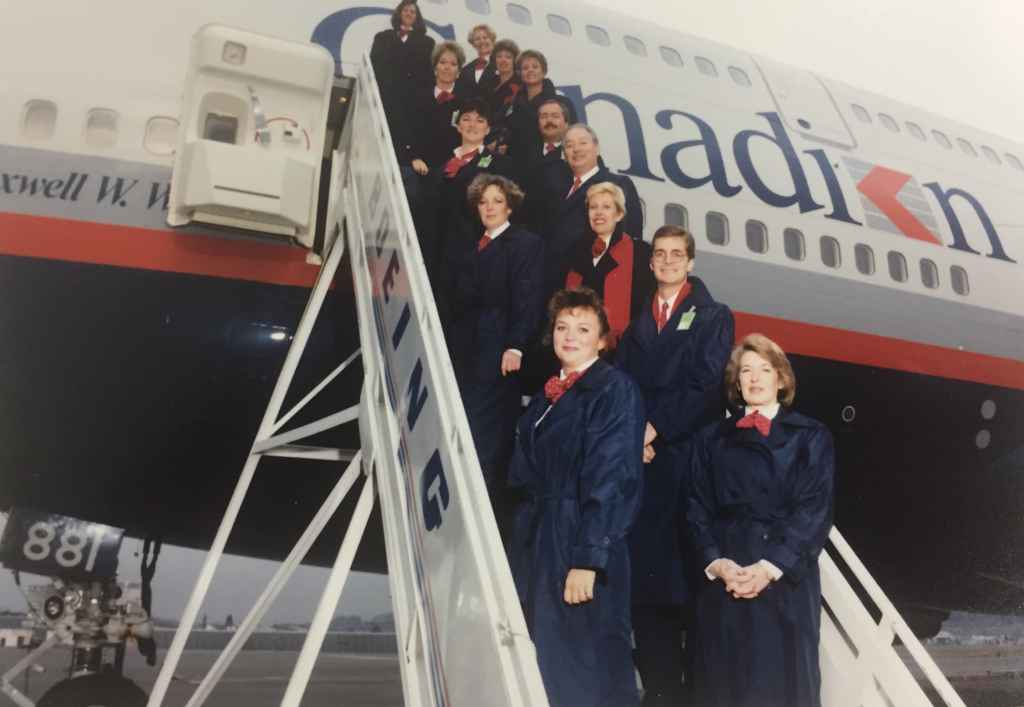 Canadian Airlines flight attendants on hand for the delivery of Canadian Airlines' first Boeing 747-475 "Maxwell Ward" at Boeing Field, December 13, 1990, prior to delivery to Vancouver.