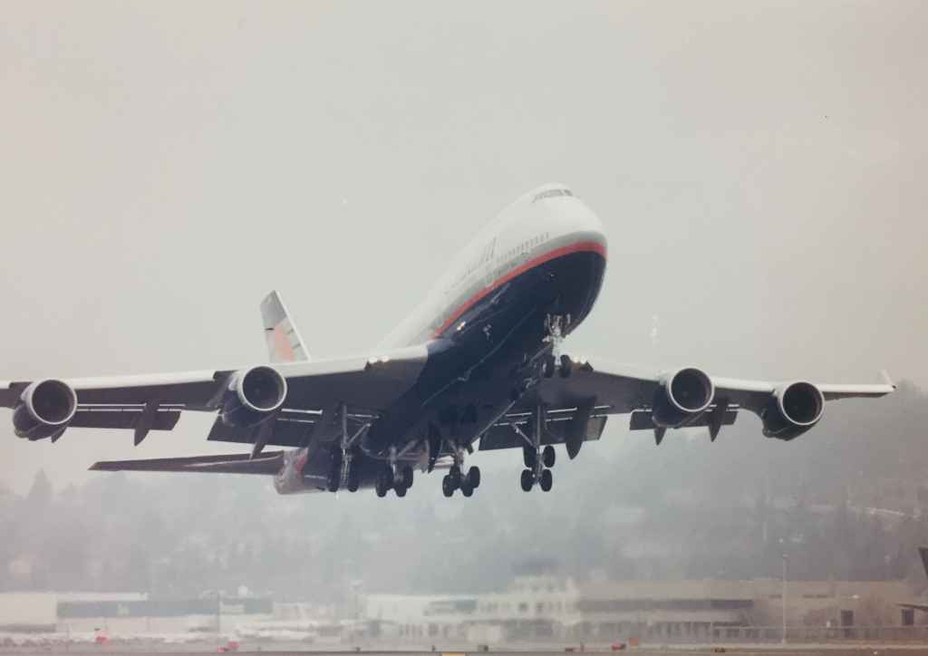Canadian Airlines Boeing 747-475 "Maxwell Ward" departing Boeing Field, December 13, 1990, on delivery to Vancouver.