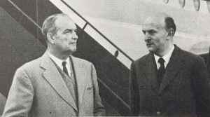 TCA President, Gordon McGregor, left, and Sir George Edwards, head of Vickers-Amstrong (Aircraft) Ltd., chat following a test flight in the brand new Vickers Vanguard.
