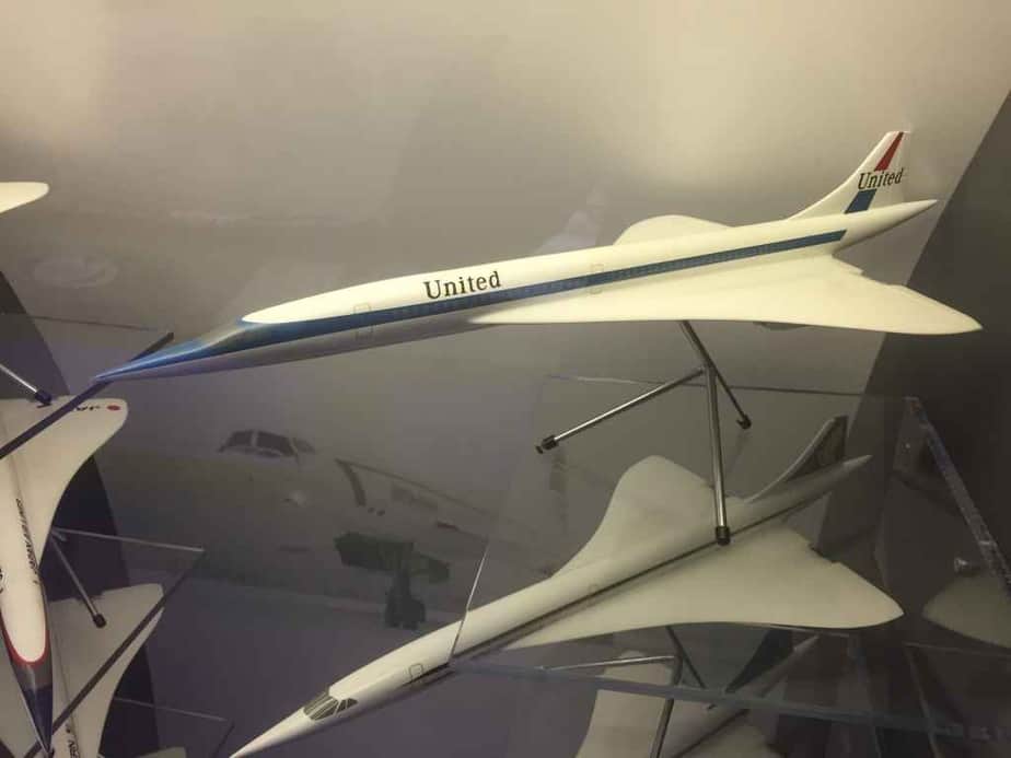 United Airlines Anglo French Concorde proposal model 1/72 by Westway Models, circa mid 1960s, on display on board the Concorde at the Brookands Museum in Weybridge, Surrey, UK.