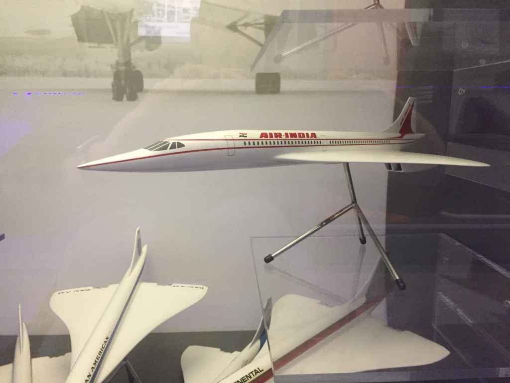 Air India Anglo French Concorde proposal model 1/72 by Westway Models, circa late 1960s, on display on board the Concorde at the Brookands Museum in Weybridge, Surrey, UK.