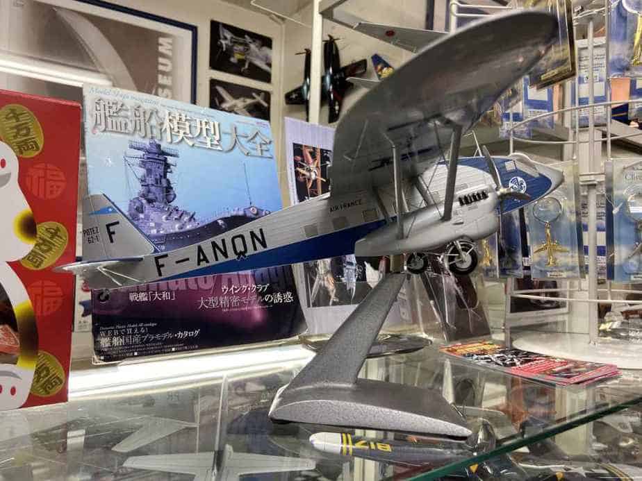 This amazing work of art is an Air France Potez 62 made by Nemoto which measures 20 X 20 inches and was purchased directly from Nemoto's workshop decades ago by Mr. Yano, for 300,000 Yen. The model is currently offered for sale in the used model section, at the Wing Club Desktop Model shop in Tokyo for half that figure.