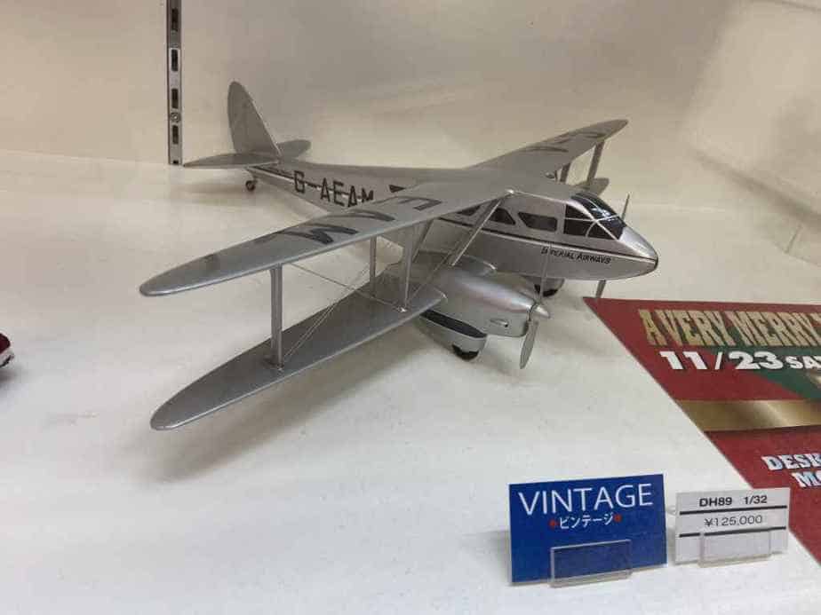 A vintage Imperial Airways DH89 Rapide in 1/32 scale offered for sale at the Wing Club Desktop Model shop in Tokyo, Japan.