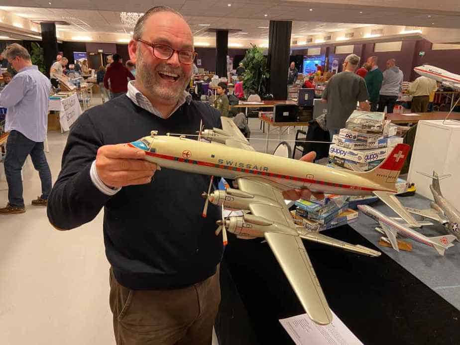 Peter Casell with his hand made large scale Swissair DC-7C, which he sold at the Amsterdam Show 2020.