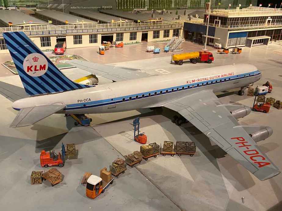 KLM Douglas DC-8 in 1/50 scale as part of the Amsterdam Schiphol airport re creation at the Aviodrome Aviation Museum. This model was likely made by Matthias Verkuyl, circa 1960.