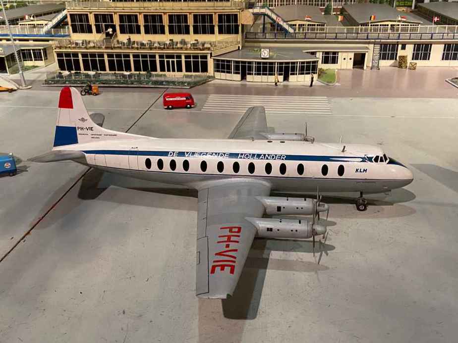 KLM Vickers Viscount 800 in 1/50 scale as part of the Amsterdam Schiphol airport re creation at the Aviodrome Aviation Museum. This model was likely made by Matthias Verkuyl, circa 1960.
