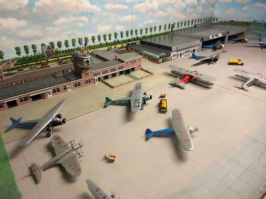 This is a 1930s scale model replica of Amsterdam Schiphol airport, possibly made at the same time as the 1960s Schiphol replica. This display is available for viewing at the Aviodrome Aviation Museum.