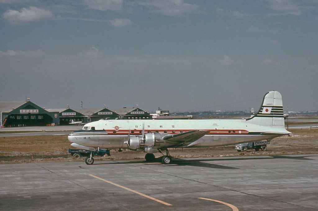 Japan Air Lines DC-4 JA6003 at Tokyo Haneda circa 1958.