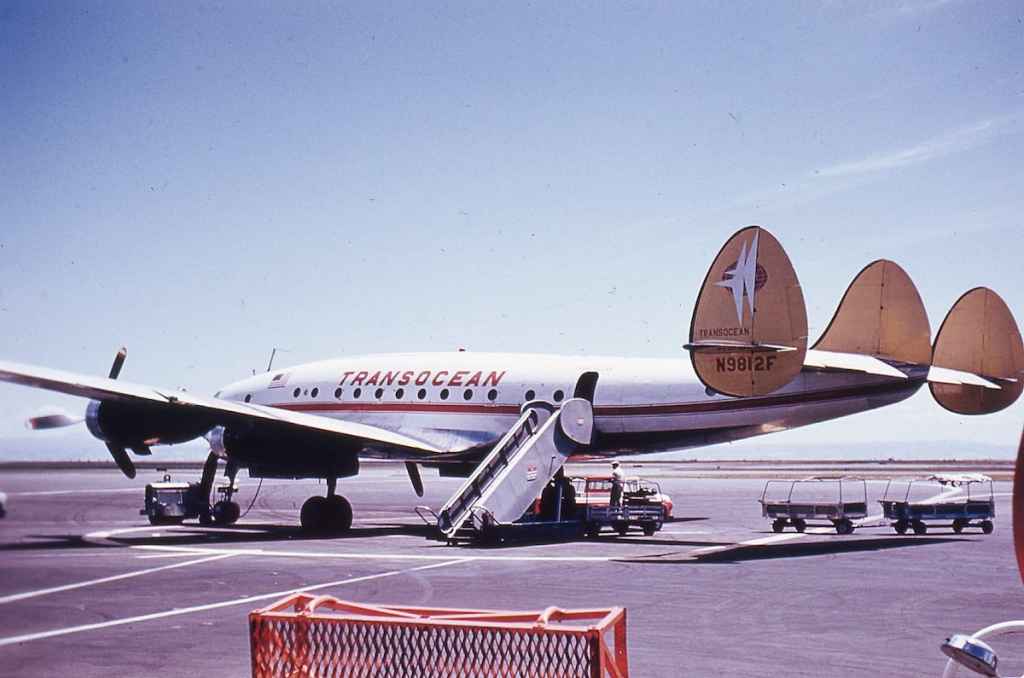 Transocean L-749 Constellation N9812F possibly at San Francisco or Oakland, circa 1950s.