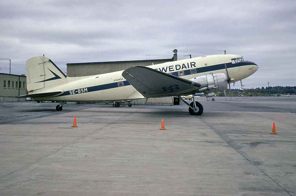 Swedair DC-3 SE-BSM possibly in Sweden circa early 1970s.