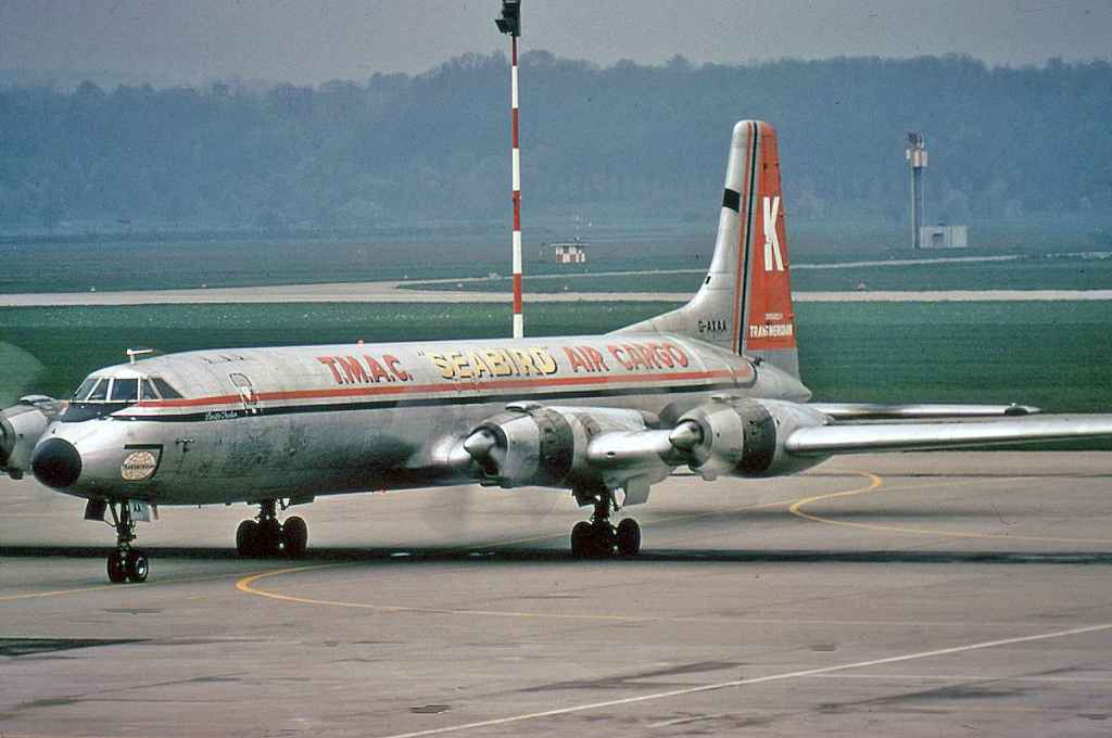Transmeridian Air Cargo Seabird CL-44 G-ATAA circa 1974 possibly at Basle.